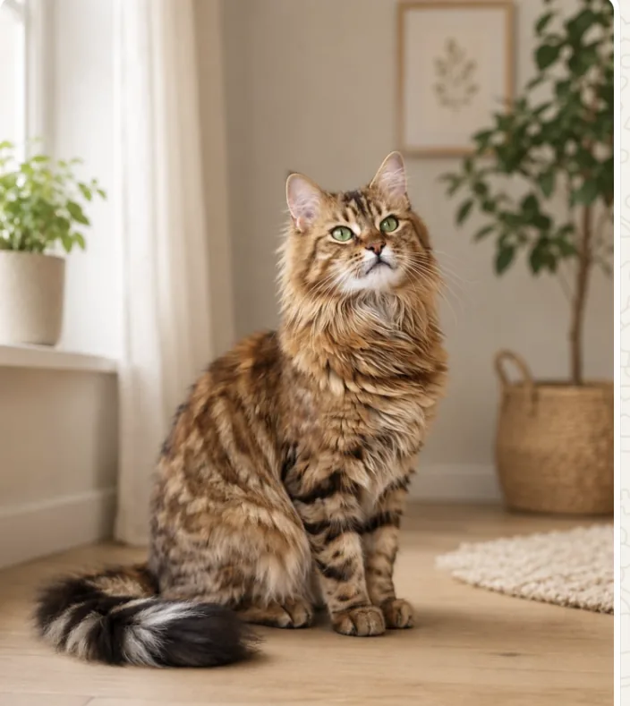 Langhaarige Cashmere-Bengalkatze sitzt aufrecht im Wohnzimmer, buschiger Schwanz seitlich abgelegt