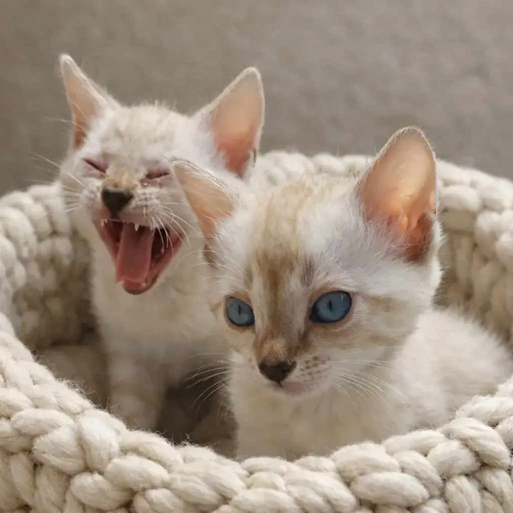 Snow-Bengalkitten mit hellem Fell und leuchtend blauen Augen in einem Körbchen